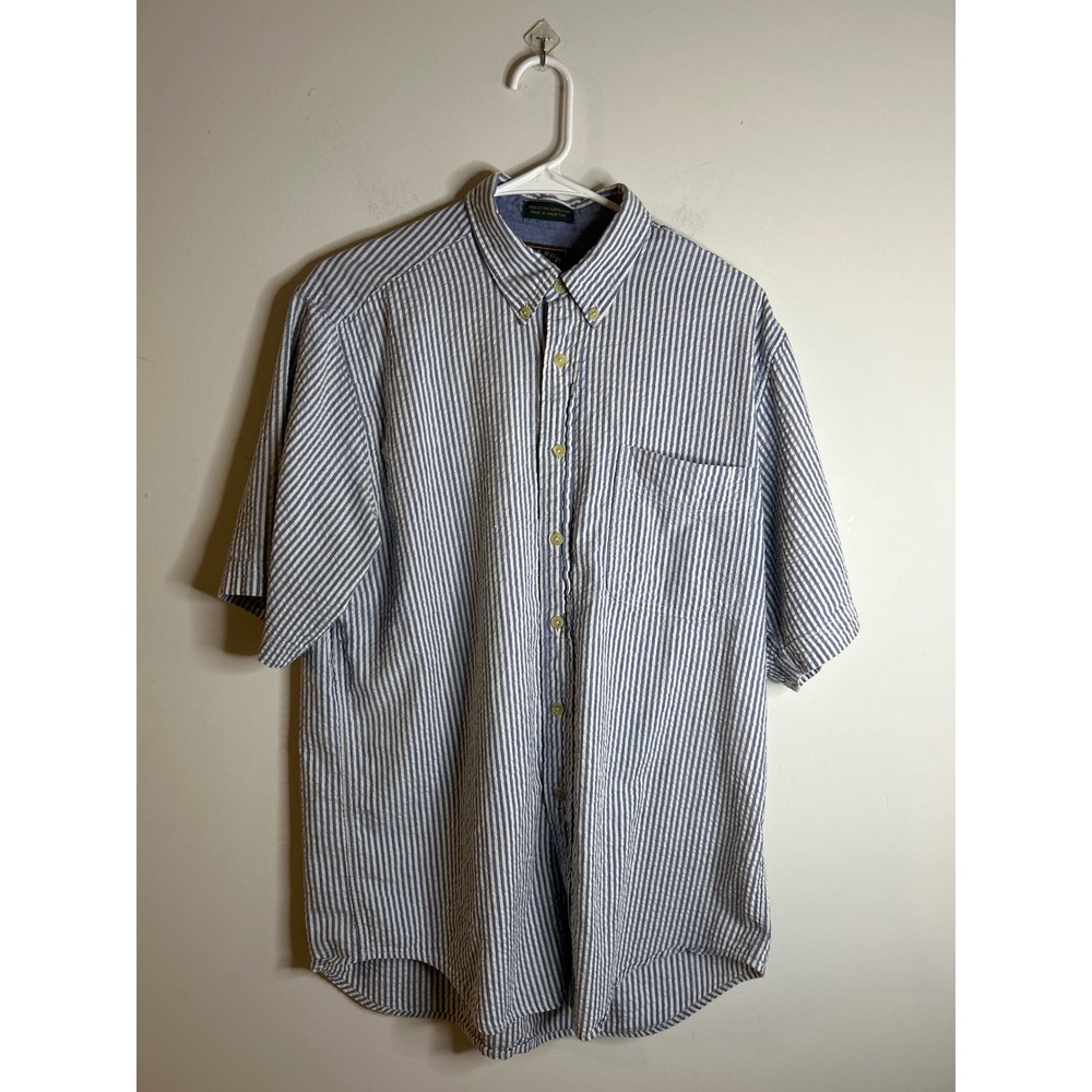 Savile Row Blue White Seersucker Short Sleeve Button Up Shirt Mens Large